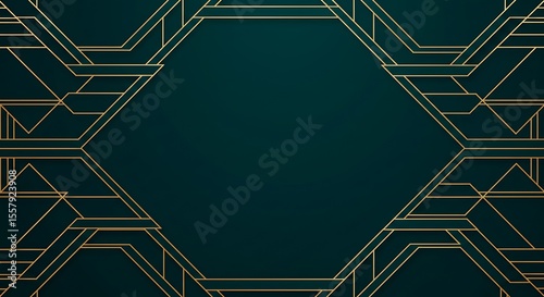 Art deco style background with geometric golden lines on a dark teal backdrop, forming a diamond shape.