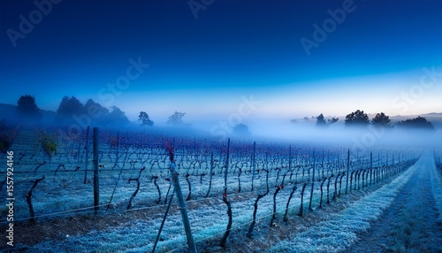 blue lodi grapevines in fog