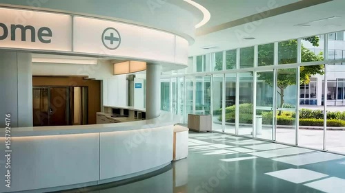 Welcome sign over curved reception desk in a bright modern hospital lobby area