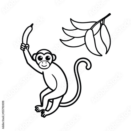 Cheeky monkey swinging from vine toward hanging fruit Vector illustration