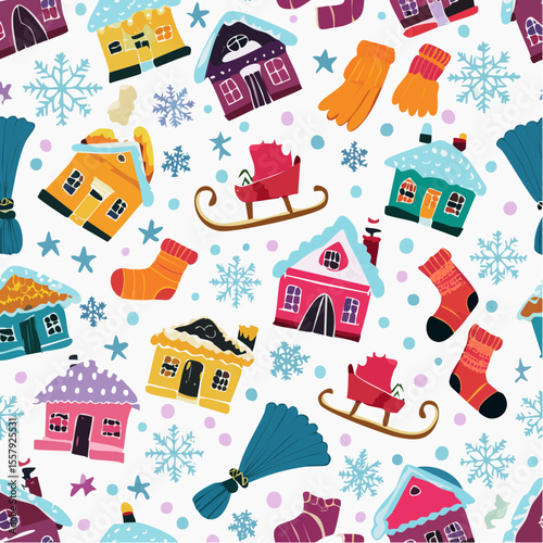  kids’ winter vector pattern with snowflakes, mittens, scarves, sleds, and snow-cove