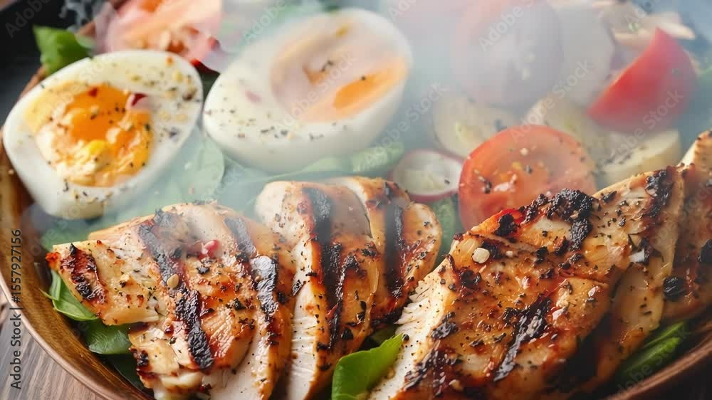 Delicious and nutritious salad with grilled chicken breast, boiled eggs, spinach, tomatoes, and other fresh vegetables. It's a perfect choice for a healthy and satisfying meal