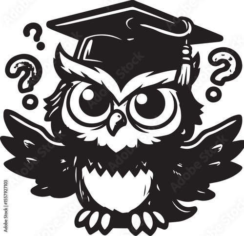 An adorable owl wearing a graduation cap is surrounded by question marks, perfect for education and graduation concepts.