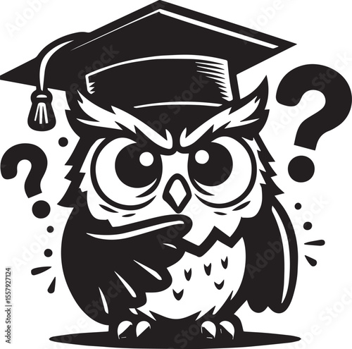 An adorable owl wearing a graduation cap is surrounded by question marks, perfect for education and graduation concepts.