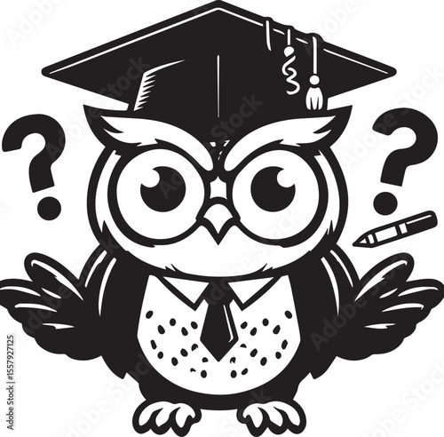 An adorable owl wearing a graduation cap is surrounded by question marks, perfect for education and graduation concepts.