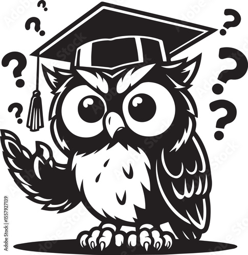 An adorable owl wearing a graduation cap is surrounded by question marks, perfect for education and graduation concepts.