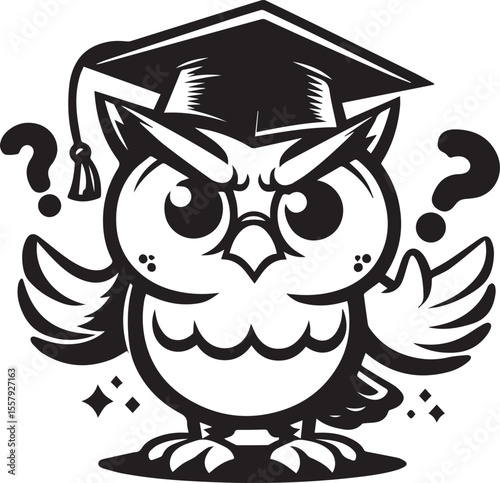 An adorable owl wearing a graduation cap is surrounded by question marks, perfect for education and graduation concepts.