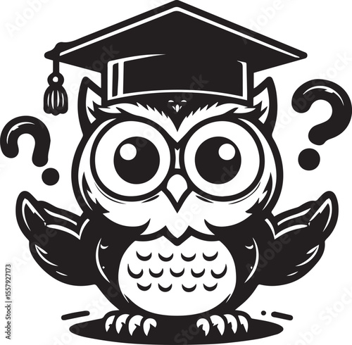 An adorable owl wearing a graduation cap is surrounded by question marks, perfect for education and graduation concepts.