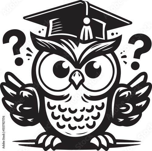 An adorable owl wearing a graduation cap is surrounded by question marks, perfect for education and graduation concepts.