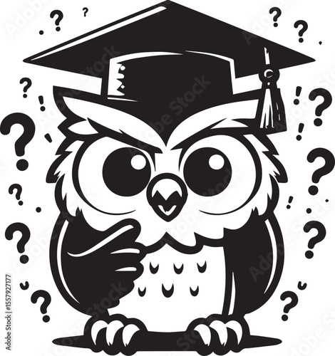 An adorable owl wearing a graduation cap is surrounded by question marks, perfect for education and graduation concepts.