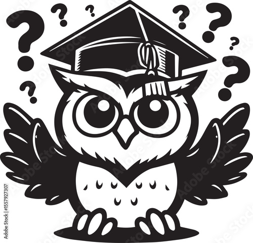 An adorable owl wearing a graduation cap is surrounded by question marks, perfect for education and graduation concepts.
