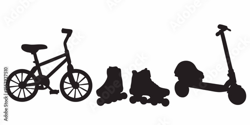 Explore outdoor recreation with bicycle roller skates and scooter silhouette vector illustration design asset
