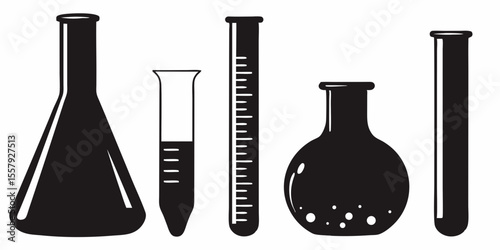 Laboratory glassware vector illustration for science research and chemical experiments in black and white silhouette