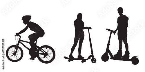 Silhouette of kids riding bike and scooters vector illustration for outdoor activities and recreation