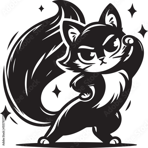 Cartoon squirrel cheerfully juggling acorns in a playful black and white design, perfect for educational materials or children's illustrations.