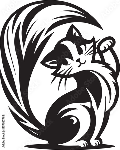 Cartoon squirrel cheerfully juggling acorns in a playful black and white design, perfect for educational materials or children's illustrations.