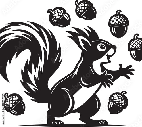Cartoon squirrel cheerfully juggling acorns in a playful black and white design, perfect for educational materials or children's illustrations.