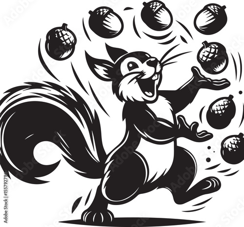 Cartoon squirrel cheerfully juggling acorns in a playful black and white design, perfect for educational materials or children's illustrations.