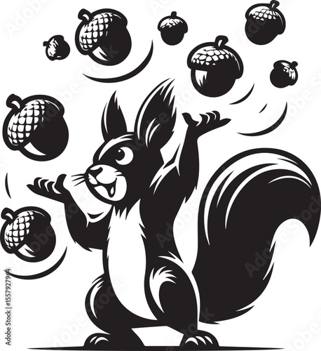 Cartoon squirrel cheerfully juggling acorns in a playful black and white design, perfect for educational materials or children's illustrations.