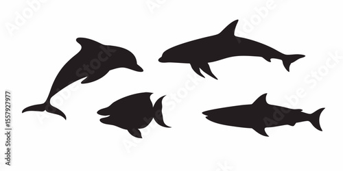 Ocean life silhouette collection with dolphin shark and fish vector graphic illustration image design asset