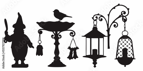 Silhouette garden decor with gnome birdbath and lanterns vector design for laser cutting and diy crafts