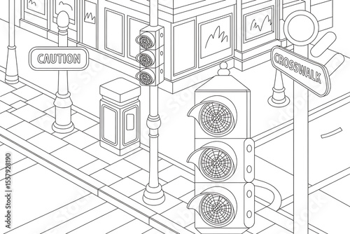 Urban street scene, traffic lights, and pedestrian signs.
