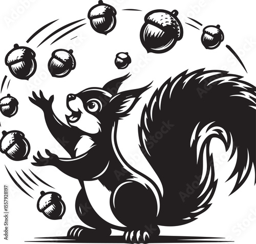 Cartoon squirrel cheerfully juggling acorns in a playful black and white design, perfect for educational materials or children's illustrations.
