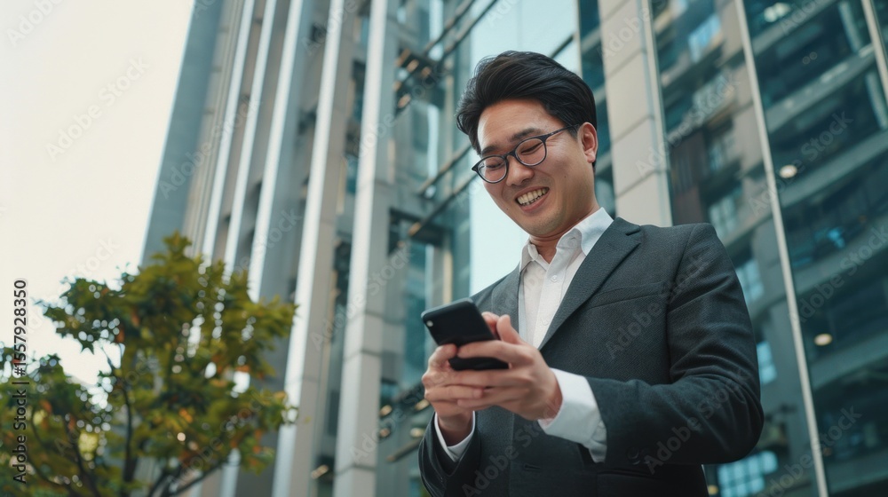 Fototapeta premium Businessman Checking Phone in Urban Setting