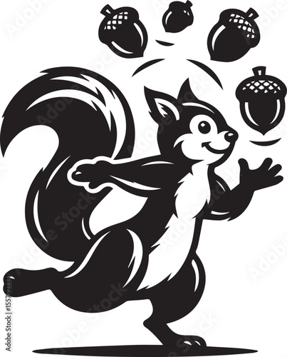 Cartoon squirrel cheerfully juggling acorns in a playful black and white design, perfect for educational materials or children's illustrations.
