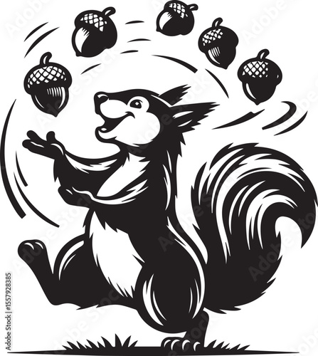 Cartoon squirrel cheerfully juggling acorns in a playful black and white design, perfect for educational materials or children's illustrations.