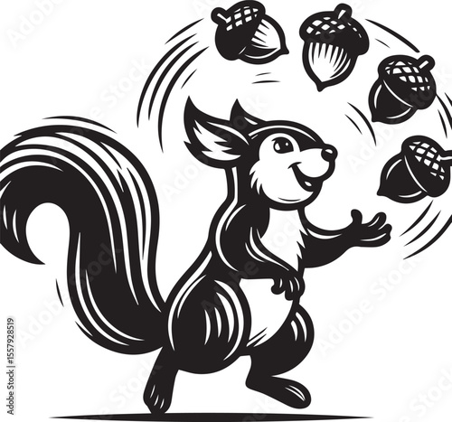 Cartoon squirrel cheerfully juggling acorns in a playful black and white design, perfect for educational materials or children's illustrations.