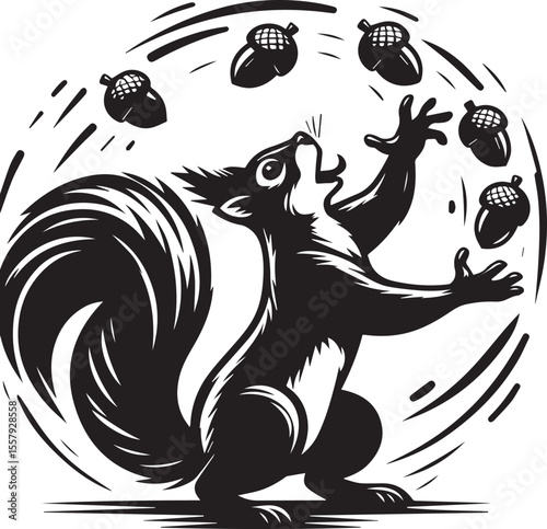 Cartoon squirrel cheerfully juggling acorns in a playful black and white design, perfect for educational materials or children's illustrations.