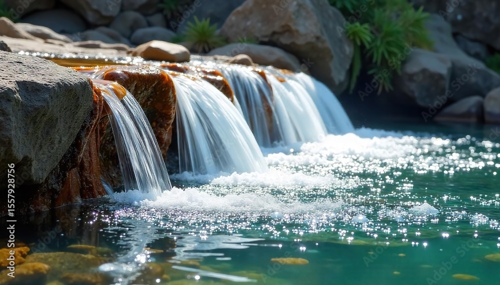 Naklejka premium Sparkling Water Cascades Down Rocky Slope, Creating Tranquil Pools of Sunlight