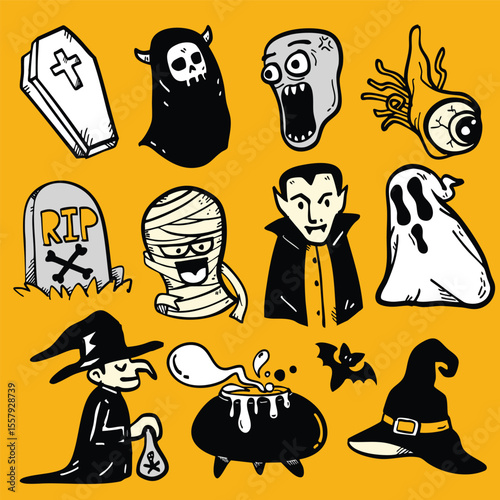 Spooky Halloween illustrations featuring ghosts, monsters, and witch cauldron evoke playful