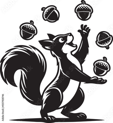 Cartoon squirrel cheerfully juggling acorns in a playful black and white design, perfect for educational materials or children's illustrations.