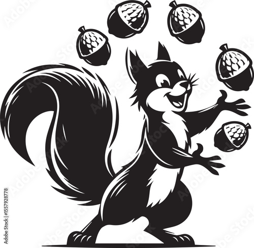 Cartoon squirrel cheerfully juggling acorns in a playful black and white design, perfect for educational materials or children's illustrations.