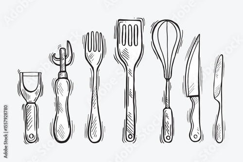Kitchen tools doodle set. Cooking utensil in sketch style. vector illustration 
