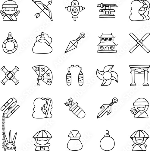 Ninja Character and Weapon Icon Set – Hand Drawn Doodle Style Icons of Katana, Kunai, Shuriken, Bow, Nunchaku, Smoke Bomb, Training Tools, Samurai, Dojo, Mask, Stealth, and Japanese Warrior Theme