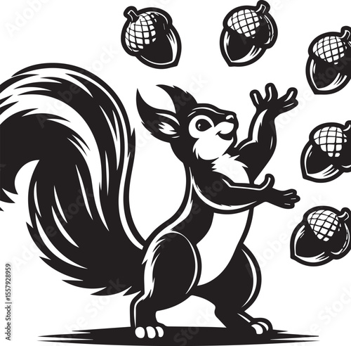 Cartoon squirrel cheerfully juggling acorns in a playful black and white design, perfect for educational materials or children's illustrations.