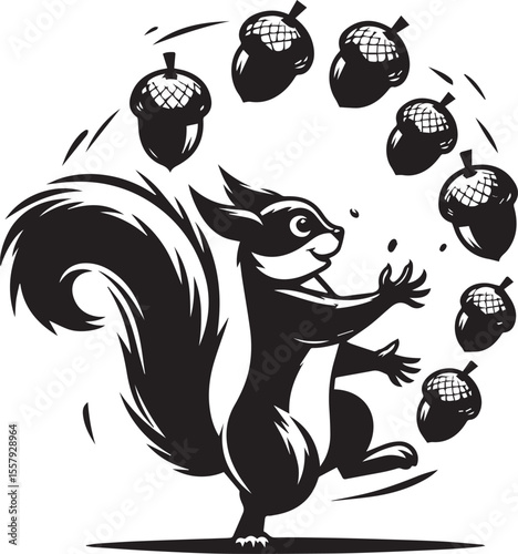 Cartoon squirrel cheerfully juggling acorns in a playful black and white design, perfect for educational materials or children's illustrations.