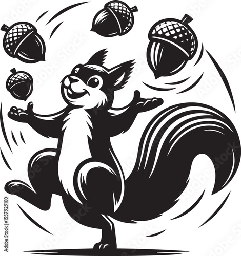 Cartoon squirrel cheerfully juggling acorns in a playful black and white design, perfect for educational materials or children's illustrations.
