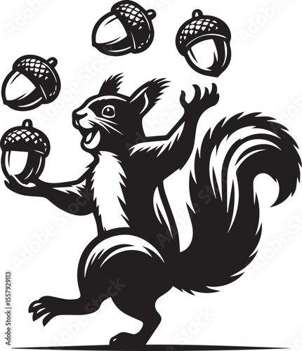 Cartoon squirrel cheerfully juggling acorns in a playful black and white design, perfect for educational materials or children's illustrations.