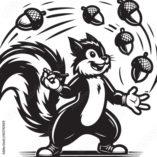 Cartoon squirrel cheerfully juggling acorns in a playful black and white design, perfect for educational materials or children's illustrations.
