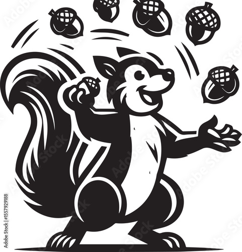 Cartoon squirrel cheerfully juggling acorns in a playful black and white design, perfect for educational materials or children's illustrations.