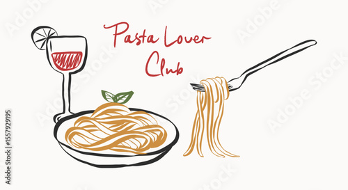 Whimsical doodles of pasta. Vintage icons with la dolce vita aesthetic in crayon and sketch style. Trendy art for menus and restaurant poster. Outline quirky vector illustration