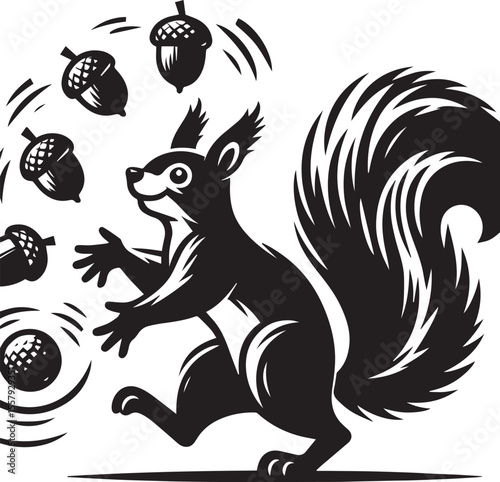 Cartoon squirrel cheerfully juggling acorns in a playful black and white design, perfect for educational materials or children's illustrations.