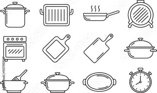 Kitchen Utensils and Cooking Equipment Line Icons Pots, Pans, and More