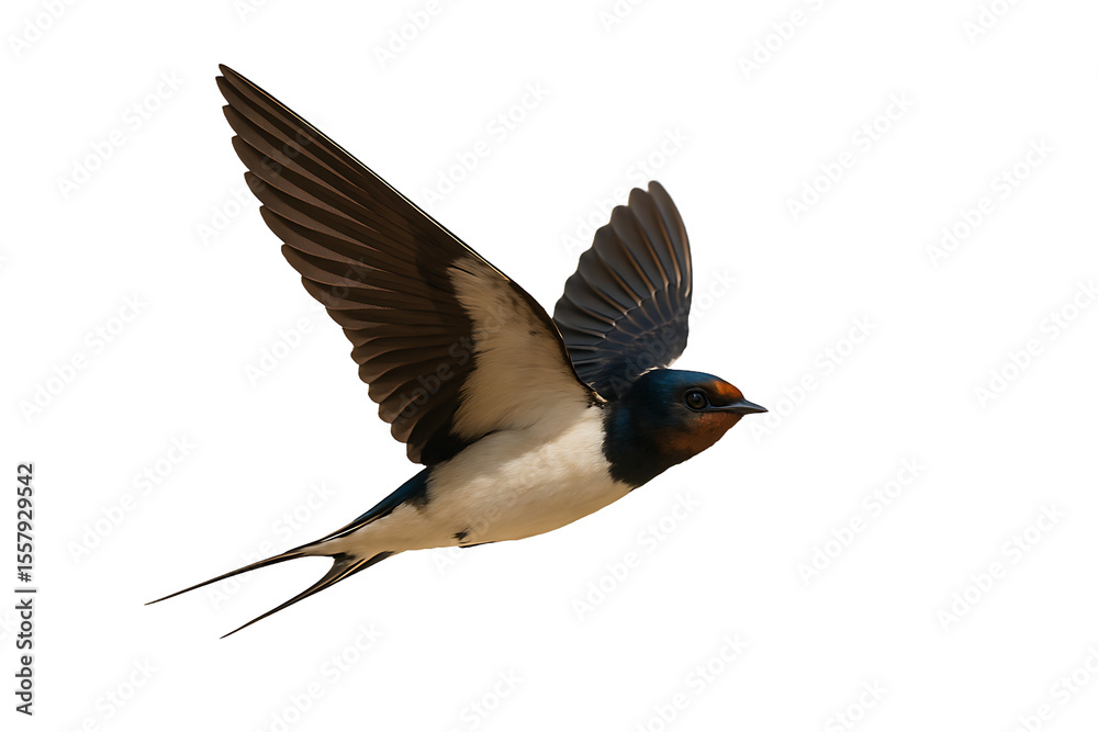 Fototapeta premium Graceful Swallow in Flight: Capturing a swallow in mid-flight, a symbol of freedom, this image showcases the beauty of nature, highlighting its elegance and agility against a bright backdrop.