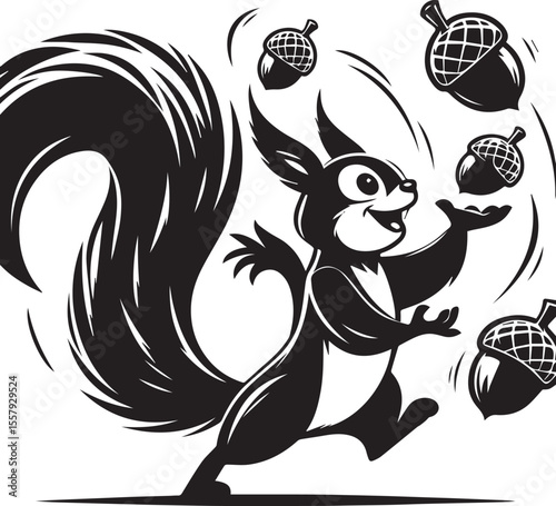 Cartoon squirrel cheerfully juggling acorns in a playful black and white design, perfect for educational materials or children's illustrations.