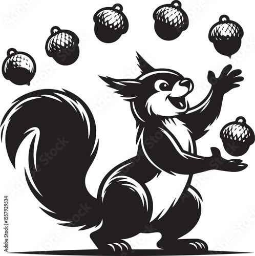 Cartoon squirrel cheerfully juggling acorns in a playful black and white design, perfect for educational materials or children's illustrations.
